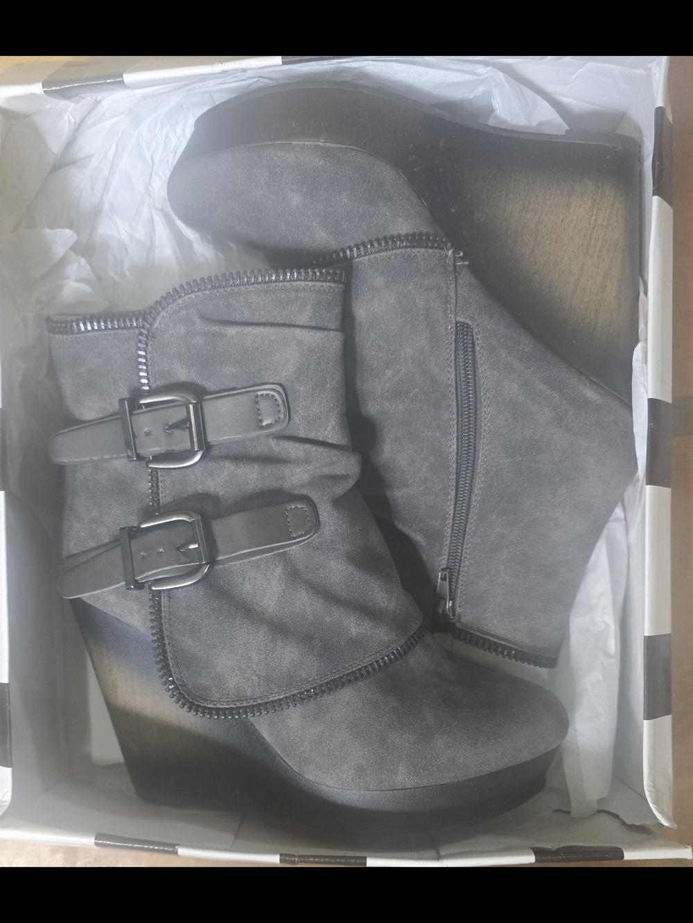 Not Rated Gray Suede Buckle Wedge Ankle Boots - Picture 3 of 12